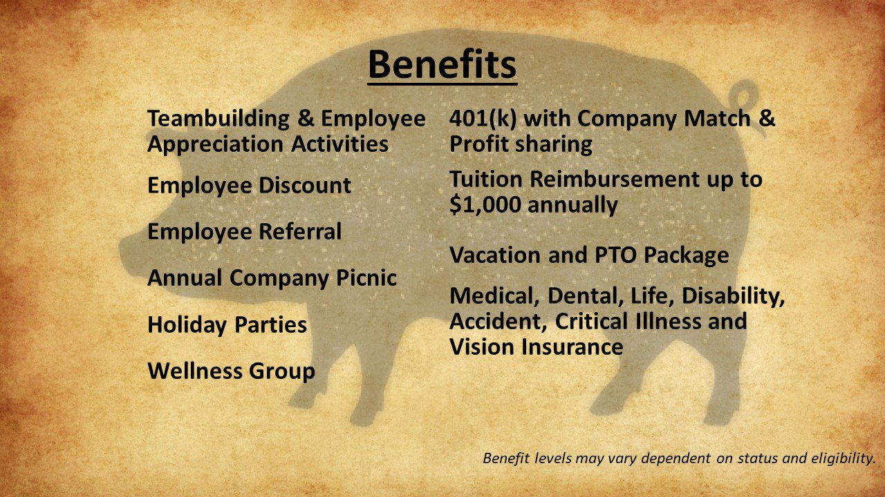 Nueske's offers many benefits- 401(k) with company match, tuition reimbursement up to $1,000, vacation & PTO package, medical, dental, life, disability, & vision insurance, employee discount, employee referral program, annual company picnic, holiday parties, community service opportunities, wellness group.