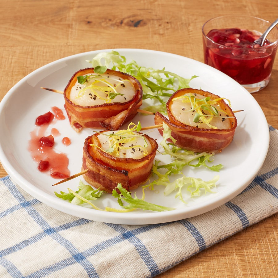 Sea Scallops Wrapped in Wild Cherrywood Smoked Bacon with Sour Cherry Sauce
