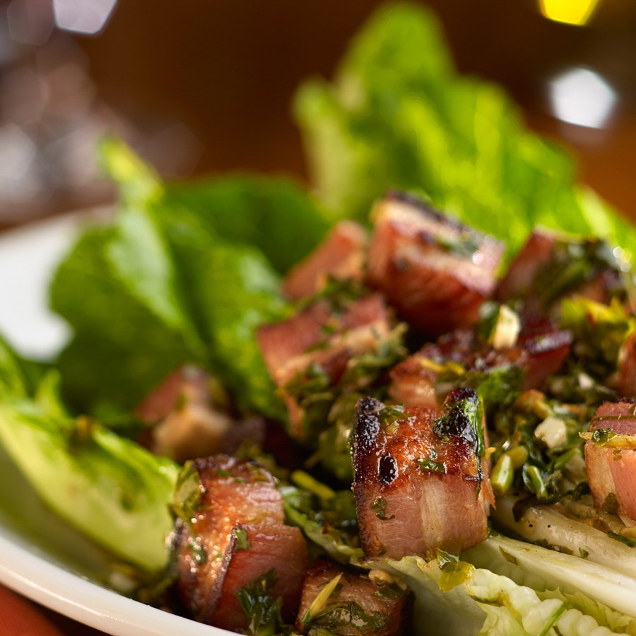 Romaine Hearts with Braised Cherrywood Smoked Bacon and Chimichurri