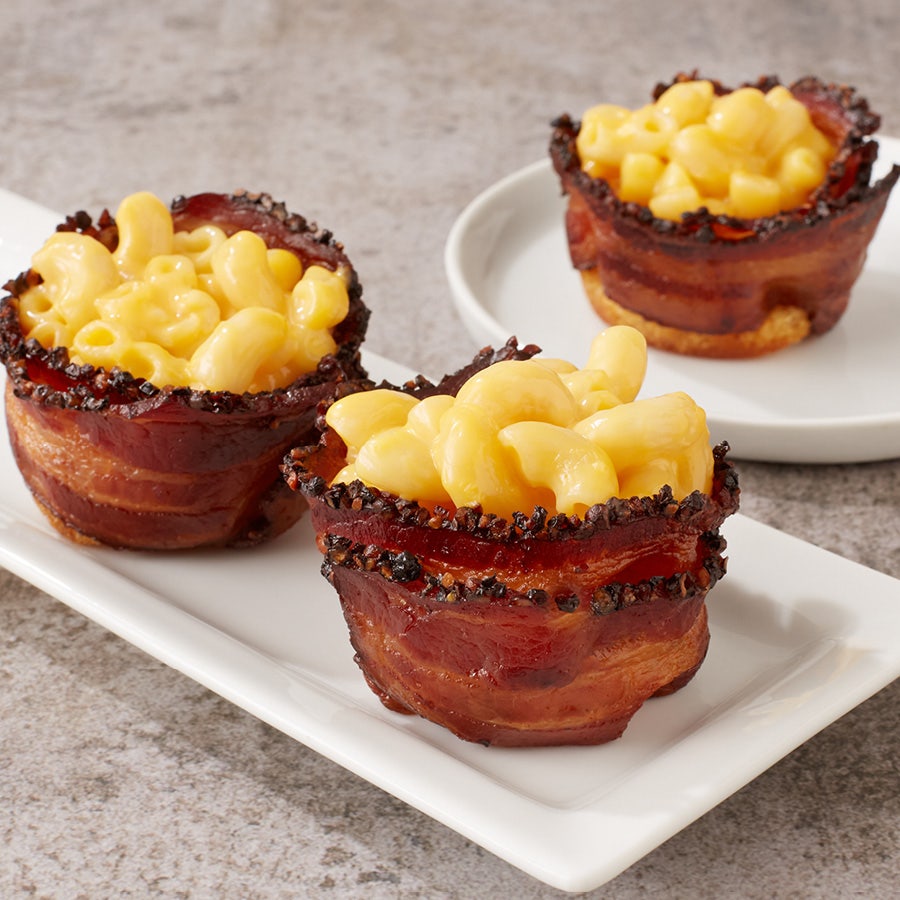 Smoked Pepper Bacon Cups with Macaroni and Cheese